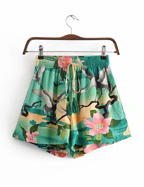 Fashion Green Flowers Decorated Drawstring Shorts