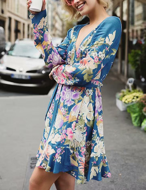 Fashion Blue Flowers Decorated Long Sleeves Dress