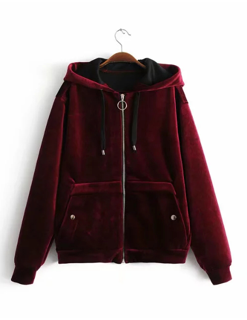 Fashion Claret Red Thickening Design Pure Color Hoodie