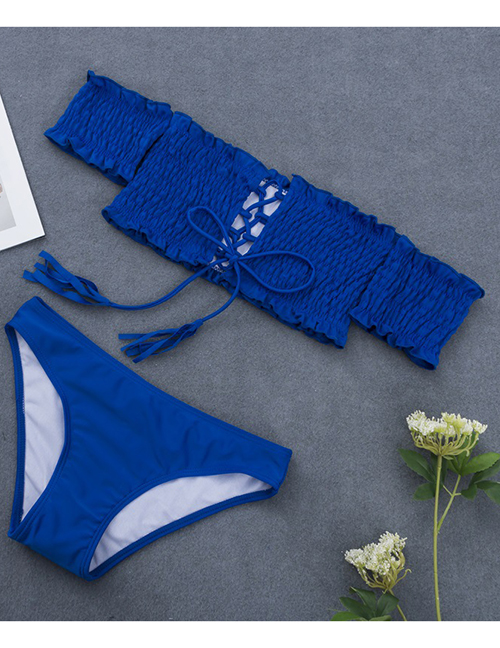 Sexy Blue Pure Color Decorated Swimwear(2pcs)