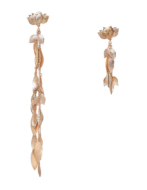 Elegant Gold Color Leaf Shape Decorated Tassel Earrings
