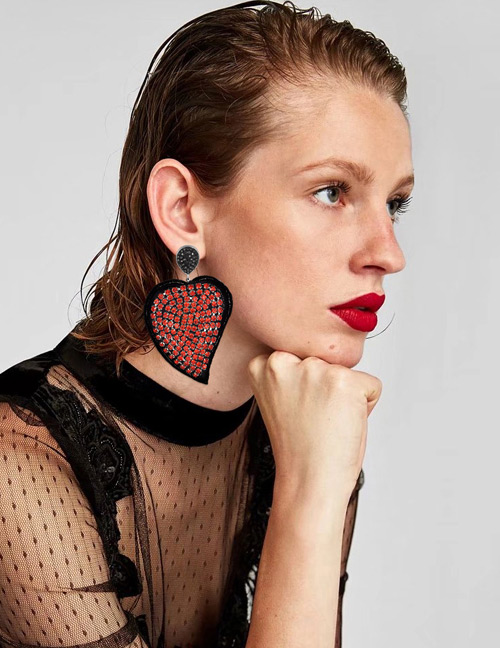 Fashion Red Heart Shape Decorated Full Diamond Earrings