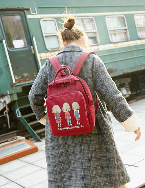 Fashion Claret Red Girl Pattern Decorated Backpack