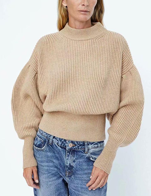 Fashion Khaki Pure Color Decorated Sweater