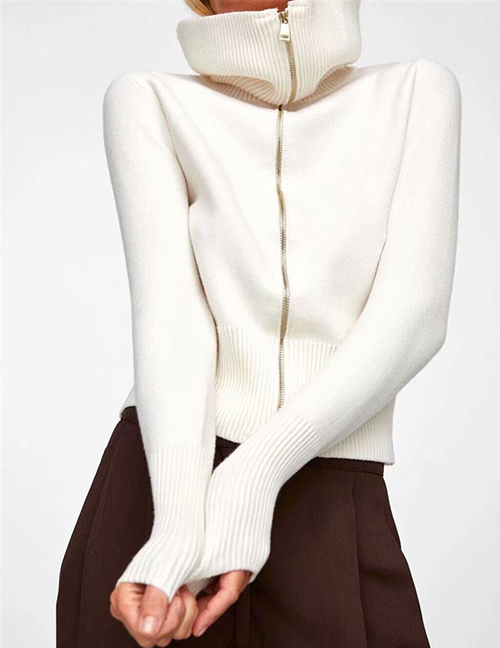 Fashion White Zipper Decorated Pure Color Sweater