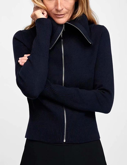 Fashion Navy Zipper Decorated Pure Color Sweater