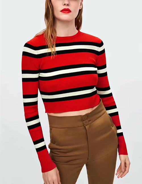 Fashion Red Stripe Pattern Decorated Sweater