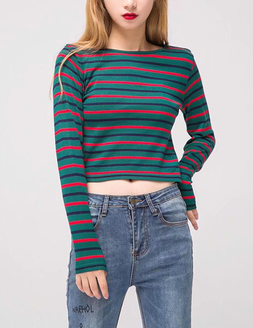 Fashion Green Stripe Pattern Decorated Sweater