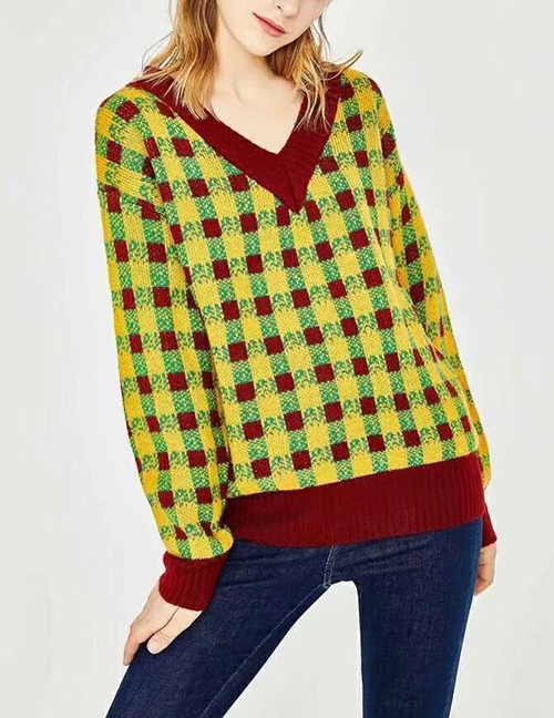 Fashion Multi-color V Neckline Design Sweater