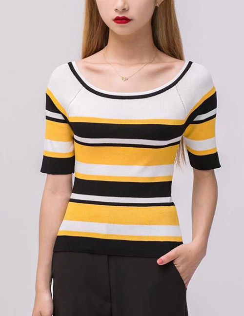 Fashion Yellow Stripe Pattern Decorated Sweater