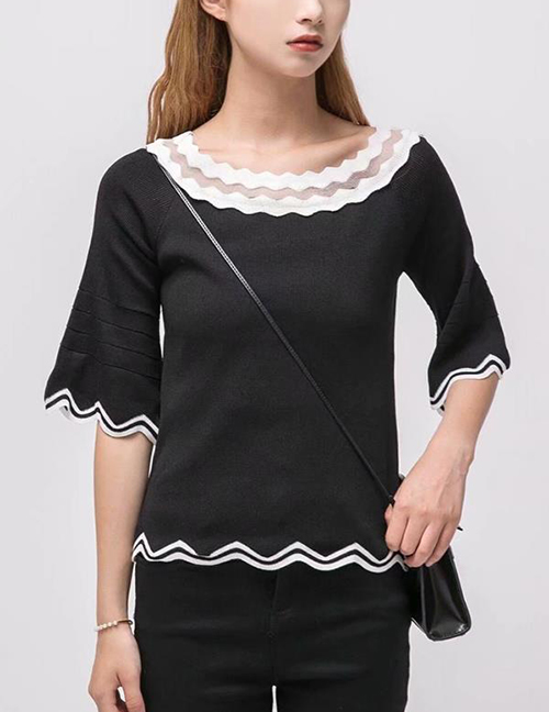 Fashion Black Color Matching Decorated Sweater