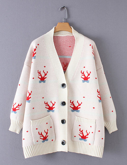 Fashion White Deer Head Pattern Decorated Coat