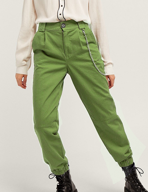 Fashion Green Pure Color Decorated Trousers