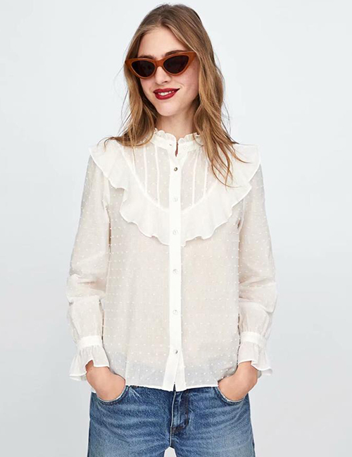 Fashion White Pure Color Decorated Long Sleeves Shirt