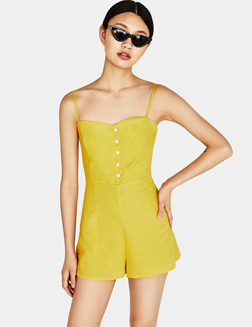 Fashion Yellow Pure Color Decorated Suspender Jumpsuit