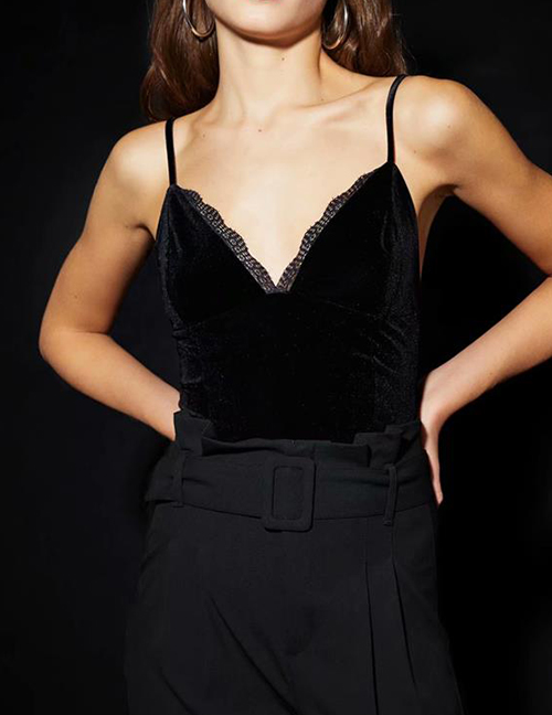 Fashion Black Lace Decorated V Neckline Blouse