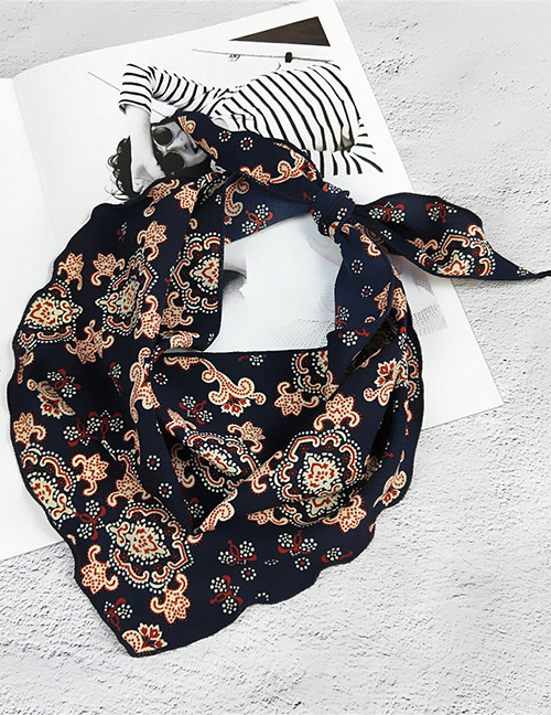 Fashion Navy Flower Pattern Decorated Small Scarf