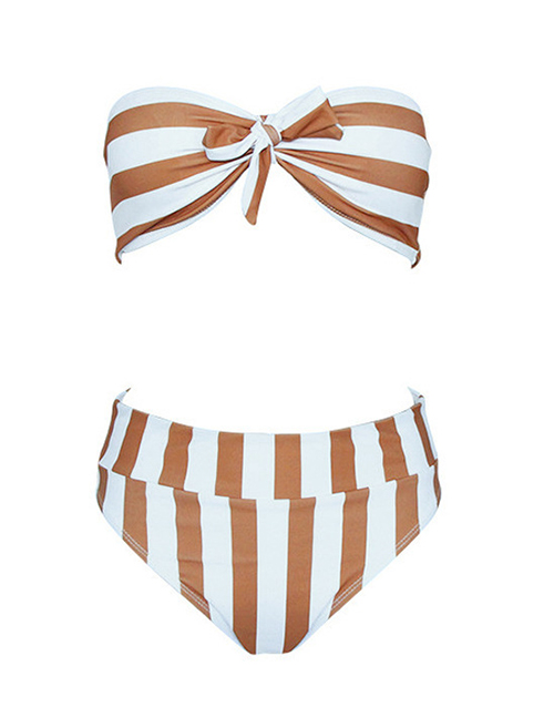 Sexy Brown Stripe Pattern Decorated Split Swimwear