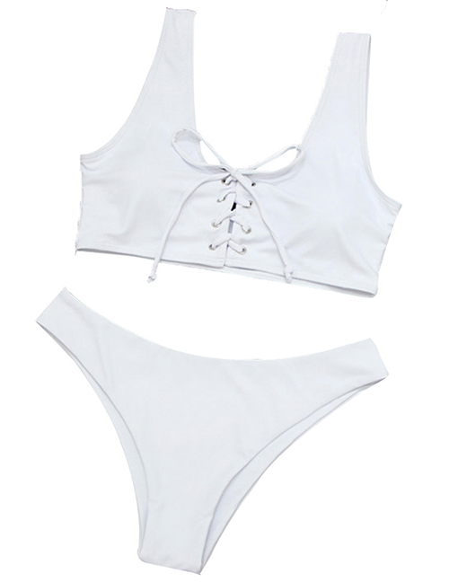 Sexy White Pure Color Decorated Split Swimwear