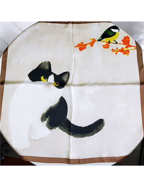 Fashion White+brown Cat&bird Pattern Decorated Scarf