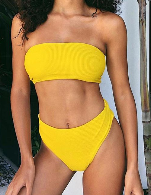 Sexy Yellow Strapless Design Pure Color Bikini