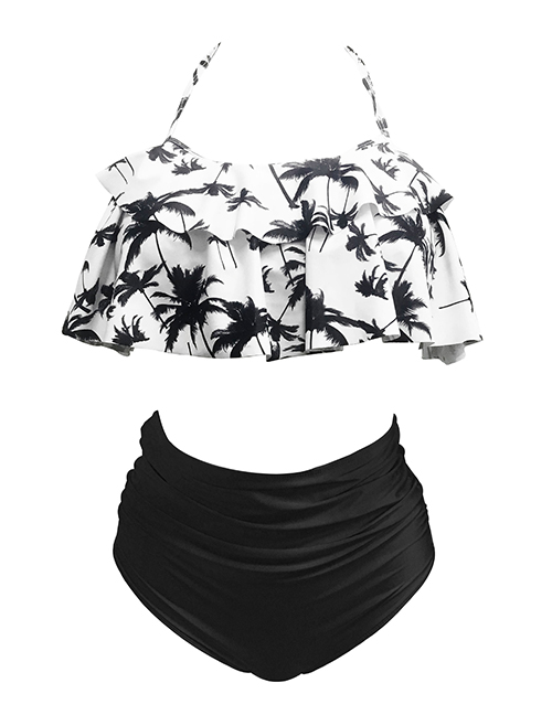 Sexy Black+white Coconut Tree Decorated Off-the-shoulder Bikini