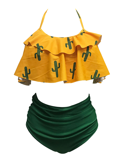Sexy Yellow+green Cactus Decorated Off-the-shoulder Bikini