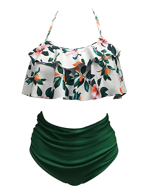 Sexy Green Flower Decorated Off-the-shoulder Bikini