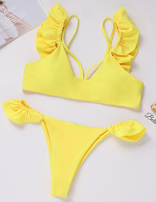 Sexy Yellow Pure Color Decorated Split Bikini
