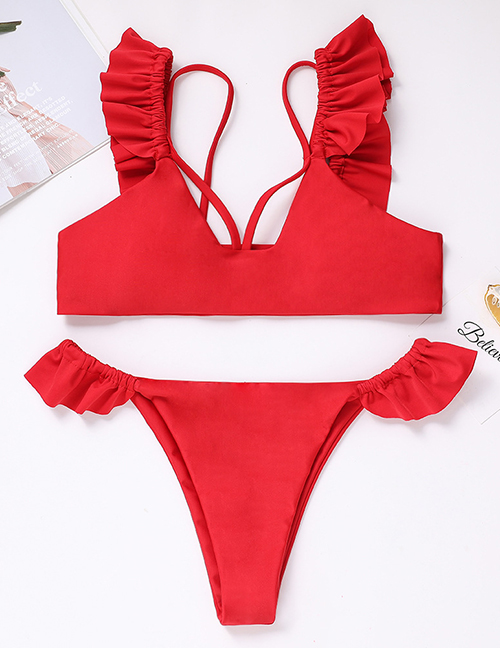 Sexy Red Pure Color Decorated Split Bikini
