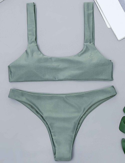 Sexy Olive Pure Color Decorated Split Bikini
