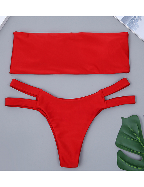Sexy Red Pure Color Decorated Strapless Bikini