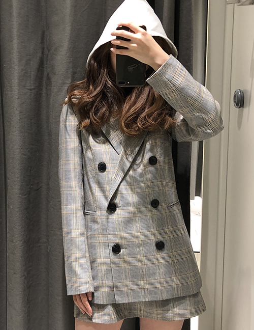 Fashion Gray Grid Pattern Decorated Simple Coat