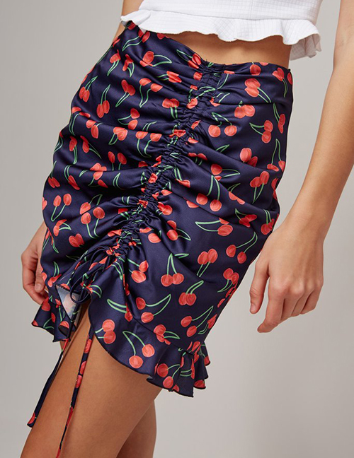 Fashion Navy Cherry Pattern Design High Waist Skirt