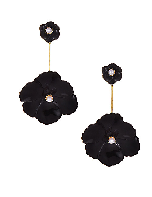 Elegant Black Flower&pearls Decorated Long Earrings