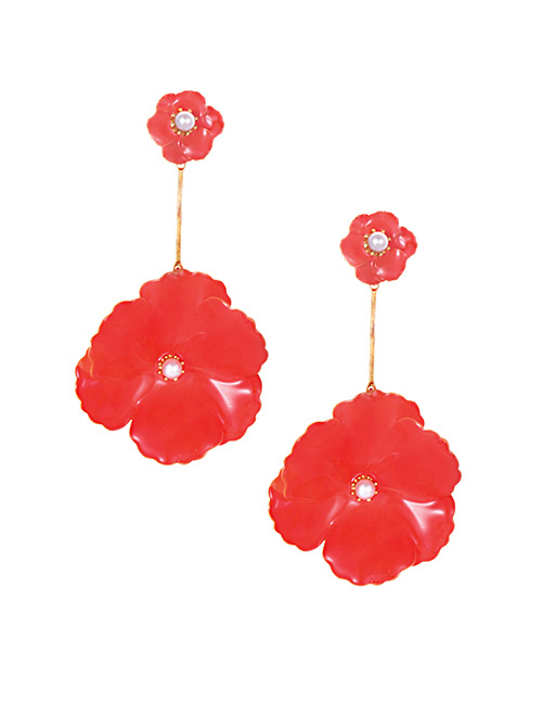 Elegant Plum Red Flower&pearls Decorated Long Earrings