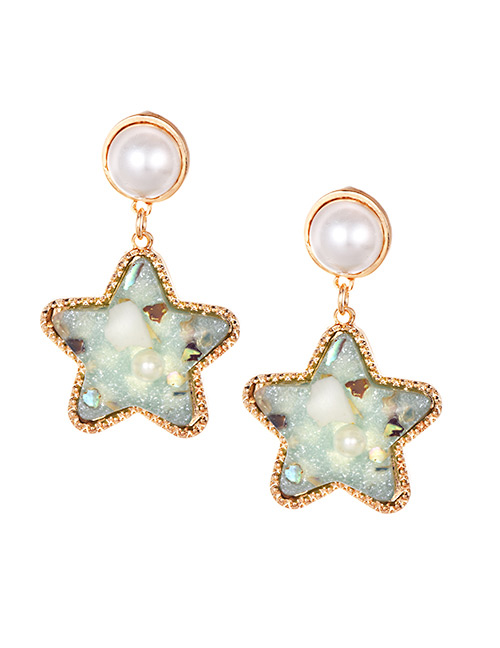 Elegant Green Pearls Decorated Star Shape Earrings