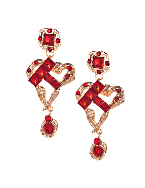 Elegant Red Diamond Decorated Geometric Shape Earrings