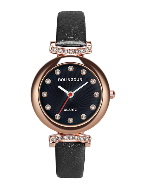 Fashion Black Diamond Decorated Pure Color Strap Watch