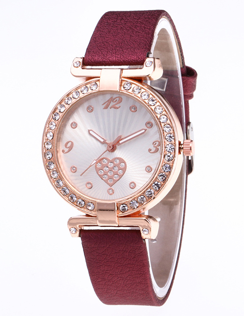 Fashion Claret Red Heart Shape Pattern Decorated Leisure Watch