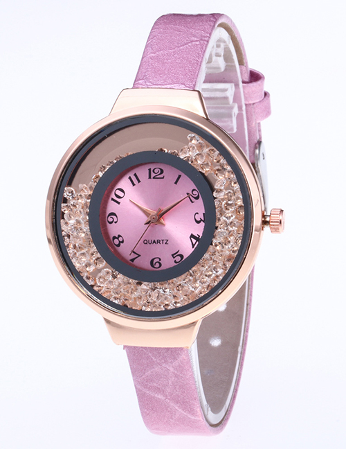 Fashion Pink Diamond Decorated Pure Color Strap Watch