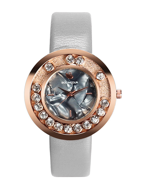 Fashion Gray Diamond Decorated Round Shape Dial Watch