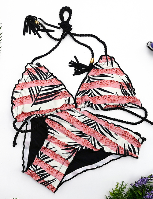Sexy Pink Leaf Pattern Decorated Off-the-shoulder Swimwear