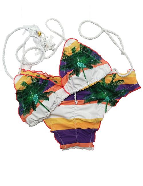 Sexy Multi-color Leaf Pattern Decorated Color-matching Swimwear