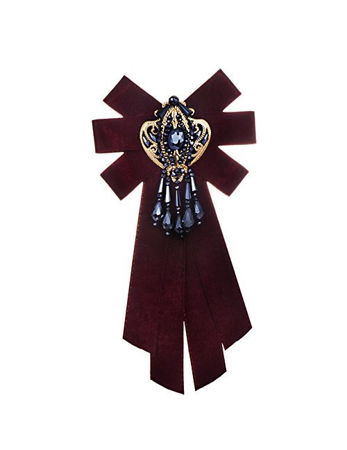 Fashion Claret Red Diamond Decorated Bowknot Brooch