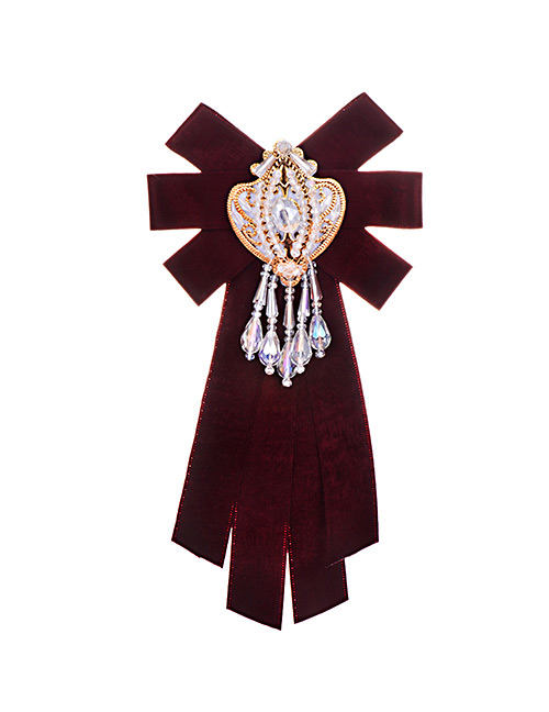 Fashion Claret Red Diamond Decorated Bowknot Brooch