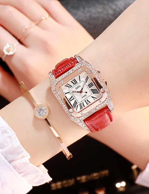 Fashion Red Square Shape Decorated Women's Watch