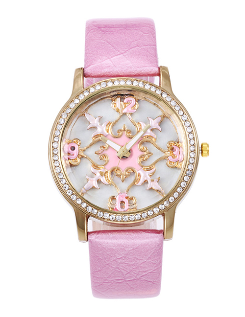 Fashion Pink Relief Pattern Design Round Dial Watch