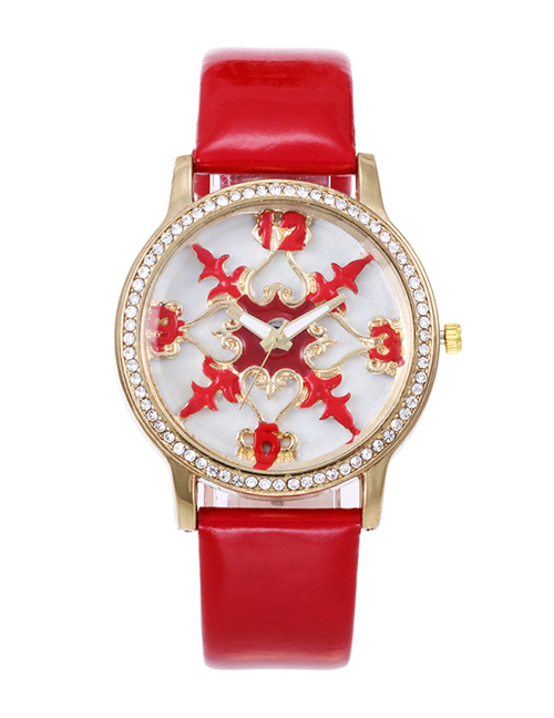 Fashion Red Relief Pattern Design Round Dial Watch