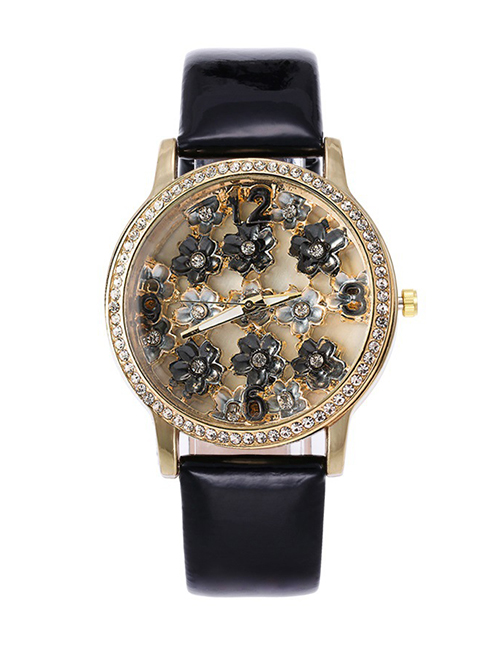 Fashion Black Flowers Decorated Round Dial Watch